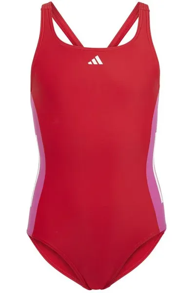 Dívčí červené jednodílné plavky Střih 3 pruhy Adidas